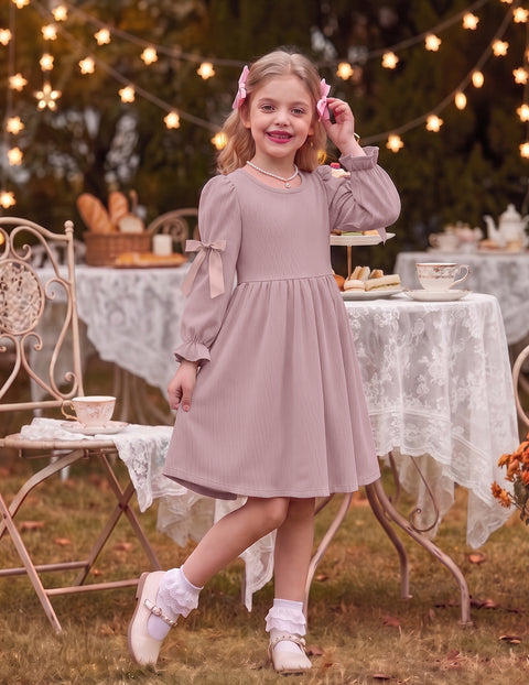 Toddler Girls Puff Sleeve Dress Satin Bow Ruched Fall Winter Party Dress - Pink