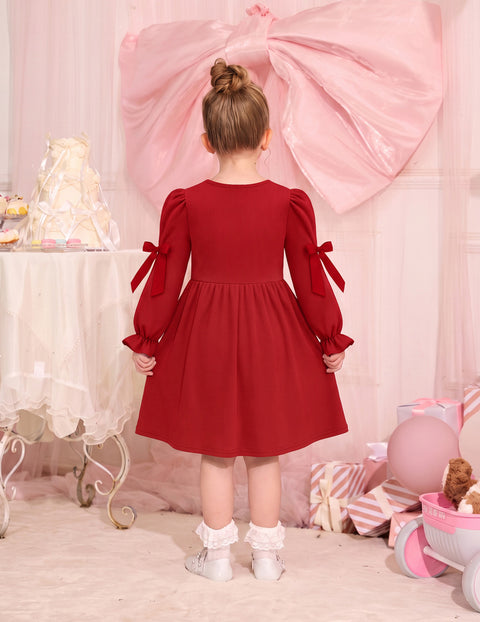 Toddler Girls Puff Sleeve Dress Satin Bow Ruched Fall Winter Party Dress - Red