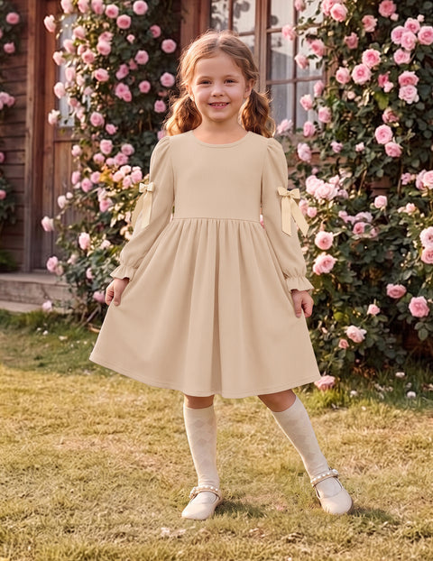 Toddler Girls Puff Sleeve Dress Satin Bow Ruched Fall Winter Party Dress - Beige