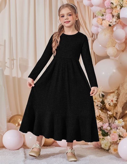 Girls Sweater Dress Long Sleeve Knit Pullover Maxi A-Line Dress with Pockets - Black