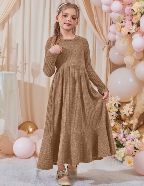 Girls Sweater Dress Long Sleeve Knit Pullover Maxi A-Line Dress with Pockets - Brown
