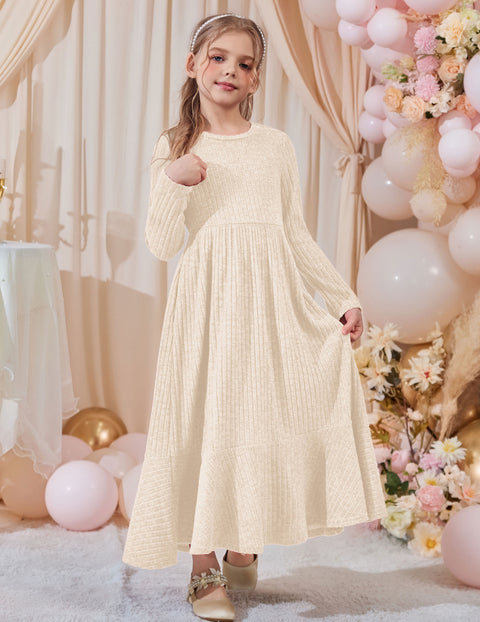 Girls Sweater Dress Long Sleeve Knit Pullover Maxi A-Line Dress with Pockets - Beige