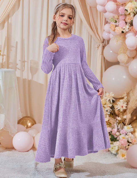 Girls Sweater Dress Long Sleeve Knit Pullover Maxi A-Line Dress with Pockets - Lavender