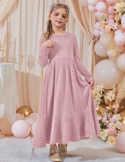 Girls Sweater Dress Long Sleeve Knit Pullover Maxi A-Line Dress with Pockets - Pink