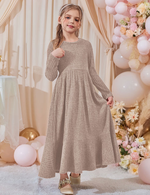 Girls Sweater Dress Long Sleeve Knit Pullover Maxi A-Line Dress with Pockets - Light Brown