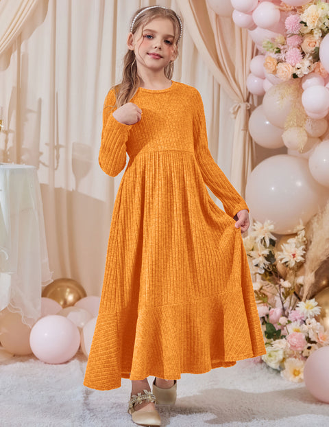 Girls Sweater Dress Long Sleeve Knit Pullover Maxi A-Line Dress with Pockets - Orange