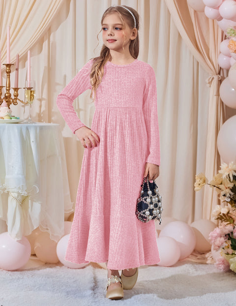 Girls Sweater Dress Long Sleeve Knit Pullover Maxi A-Line Dress with Pockets - Peach Pink