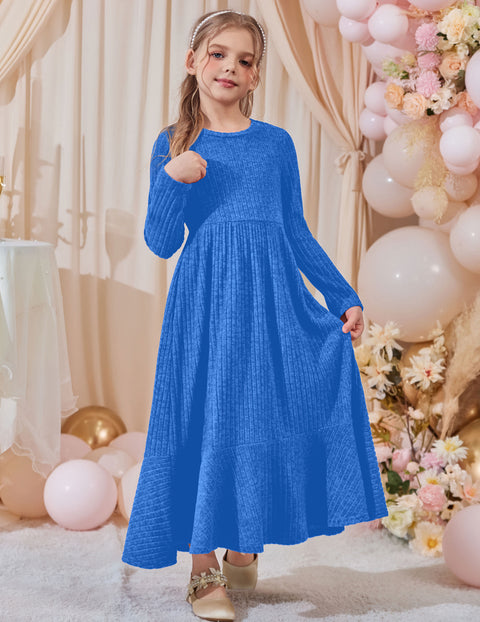 Girls Sweater Dress Long Sleeve Knit Pullover Maxi A-Line Dress with Pockets - Blue