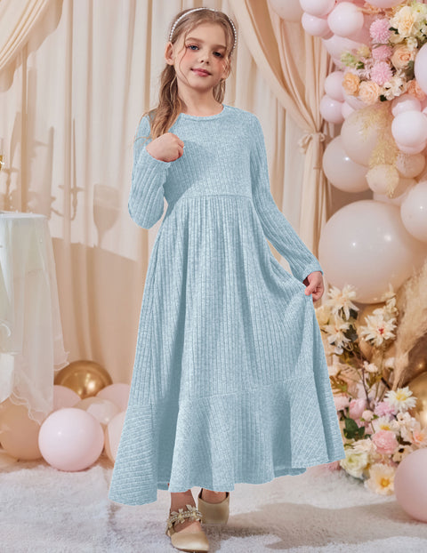 Girls Sweater Dress Long Sleeve Knit Pullover Maxi A-Line Dress with Pockets - Light Blue