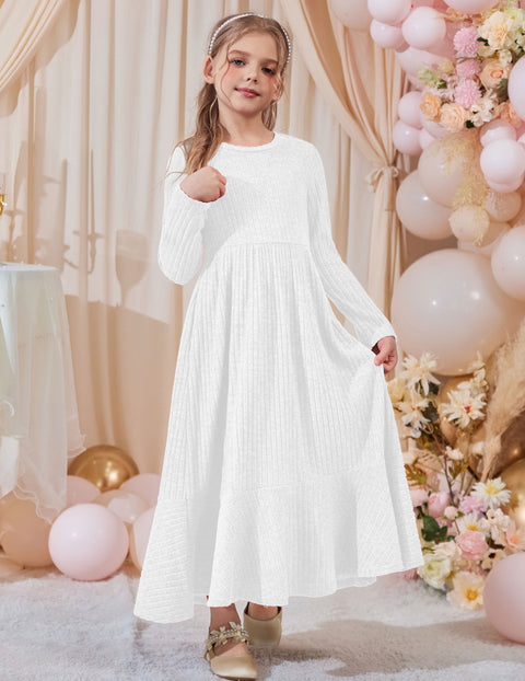 Girls Sweater Dress Long Sleeve Knit Pullover Maxi A-Line Dress with Pockets - White