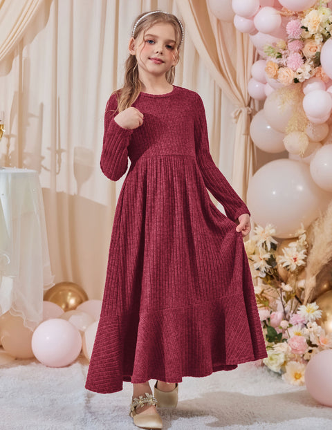Girls Sweater Dress Long Sleeve Knit Pullover Maxi A-Line Dress with Pockets - Red
