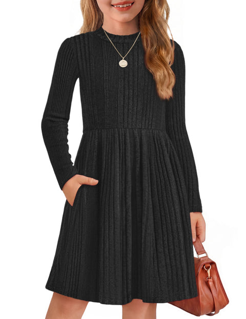 Girls Long Sleeve Knit Sweater Dress Mock Neck A-Line Midi Dress with Pockets - Black