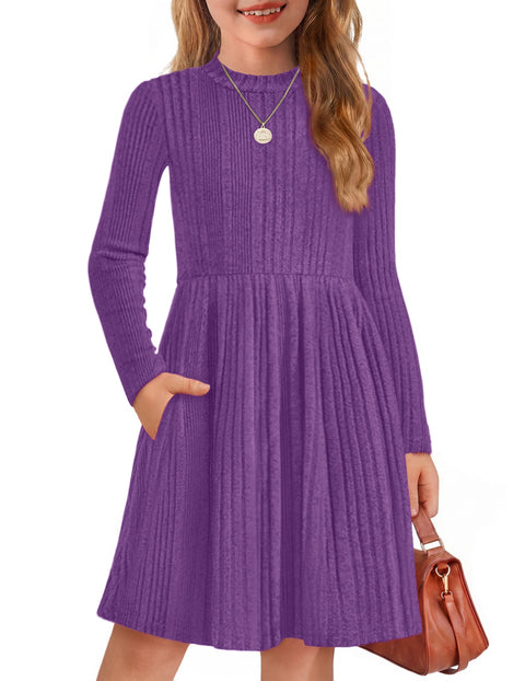 Girls Long Sleeve Knit Sweater Dress Mock Neck A-Line Midi Dress with Pockets - Purple