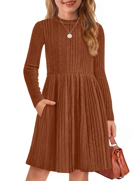 Girls Long Sleeve Knit Sweater Dress Mock Neck A-Line Midi Dress with Pockets - Orange