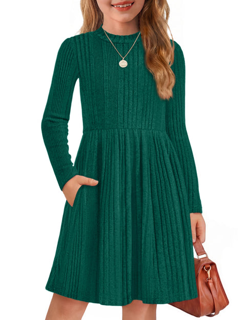 Girls Long Sleeve Knit Sweater Dress Mock Neck A-Line Midi Dress with Pockets - Green