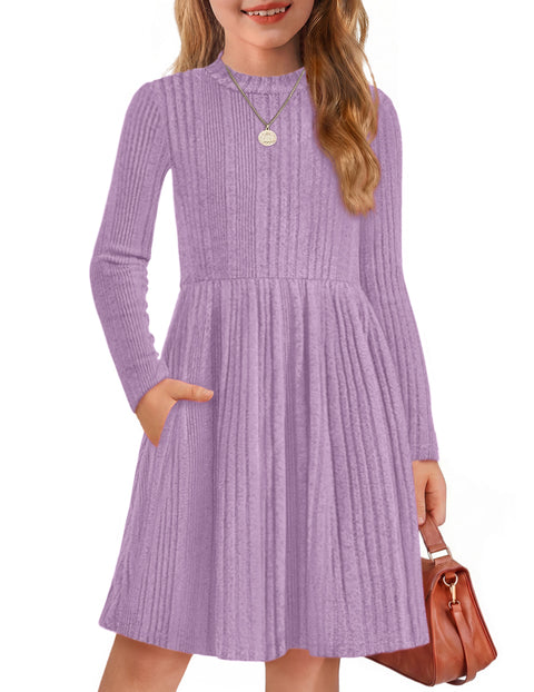 Girls Long Sleeve Knit Sweater Dress Mock Neck A-Line Midi Dress with Pockets - Lavender