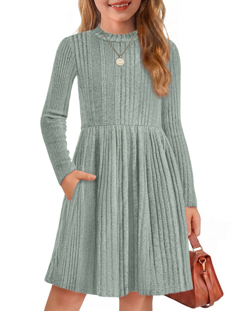 Girls Long Sleeve Knit Sweater Dress Mock Neck A-Line Midi Dress with Pockets - Sage