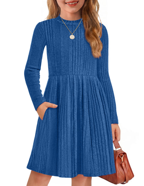 Girls Long Sleeve Knit Sweater Dress Mock Neck A-Line Midi Dress with Pockets - Sky Blue