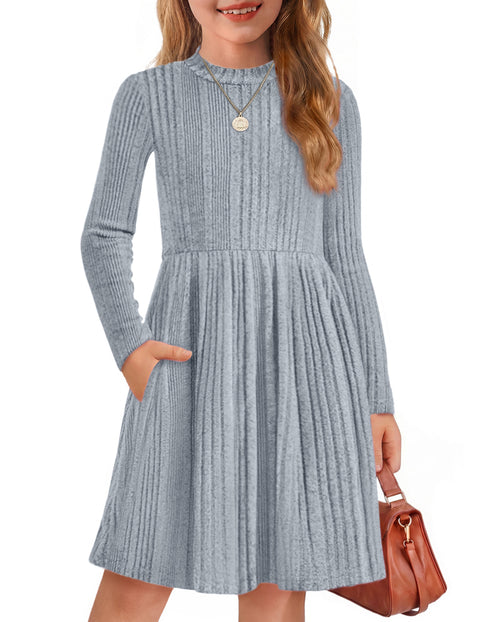 Girls Long Sleeve Knit Sweater Dress Mock Neck A-Line Midi Dress with Pockets - Light Blue