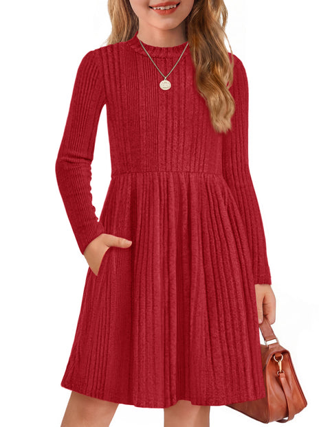 Girls Long Sleeve Knit Sweater Dress Mock Neck A-Line Midi Dress with Pockets - Red