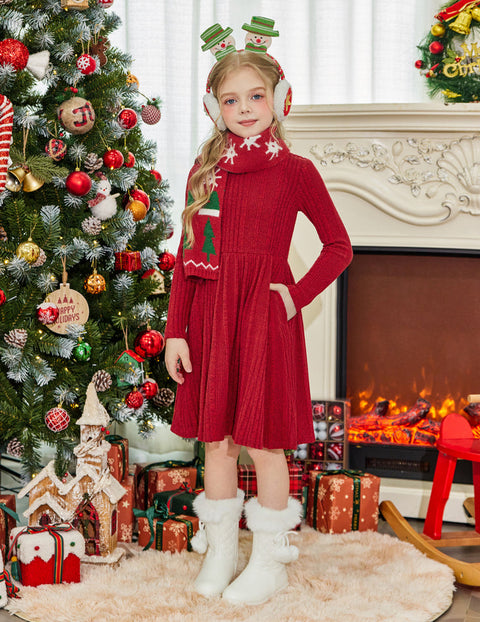 Girls Long Sleeve Knit Sweater Dress Mock Neck A-Line Midi Dress with Pockets - Red