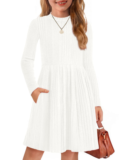Girls Long Sleeve Knit Sweater Dress Mock Neck A-Line Midi Dress with Pockets - White