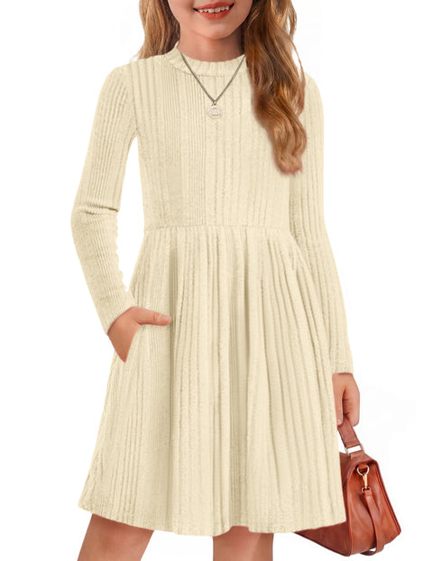 Girls Long Sleeve Knit Sweater Dress Mock Neck A-Line Midi Dress with Pockets - Beige
