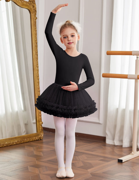 Girls Ballet Leotard Skirted Long Sleeve Dance Tutu Dress 3-Layer Tulle - Black