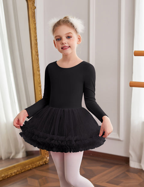 Girls Ballet Leotard Skirted Long Sleeve Dance Tutu Dress 3-Layer Tulle - Black