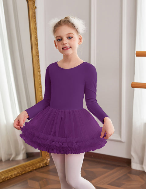 Girls Ballet Leotard Skirted Long Sleeve Dance Tutu Dress 3-Layer Tulle - Dark Purple
