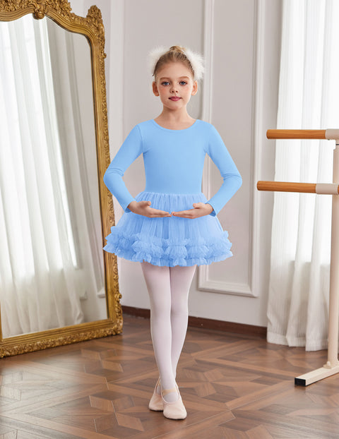 Girls Ballet Leotard Skirted Long Sleeve Dance Tutu Dress 3-Layer Tulle - Light Blue
