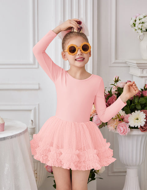 Girls Ballet Leotard Skirted Long Sleeve Dance Tutu Dress 3-Layer Tulle - Ballet Pink