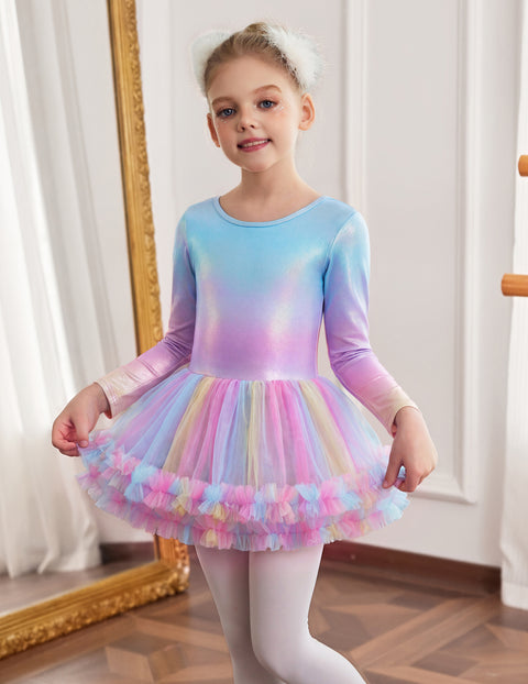 Girls Ballet Leotard Skirted Long Sleeve Dance Tutu Dress 3-Layer Tulle - Rainbow