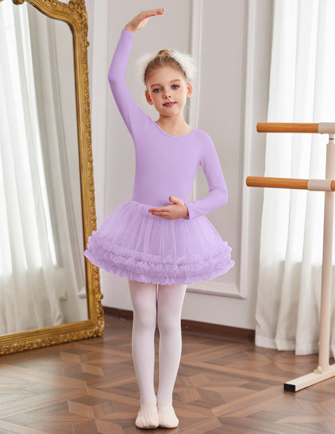Girls Ballet Leotard Skirted Long Sleeve Dance Tutu Dress 3-Layer Tulle - Lilac