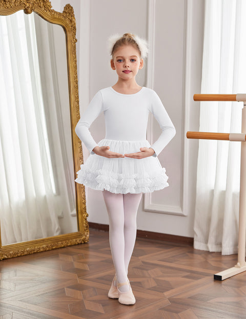 Girls Ballet Leotard Skirted Long Sleeve Dance Tutu Dress 3-Layer Tulle - White