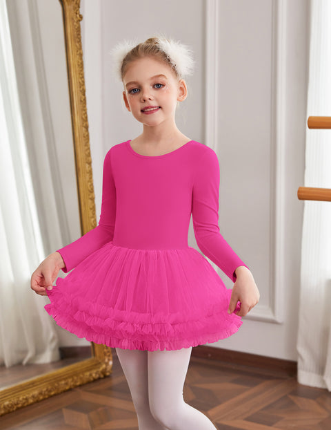 Girls Ballet Leotard Skirted Long Sleeve Dance Tutu Dress 3-Layer Tulle - Hot Pink