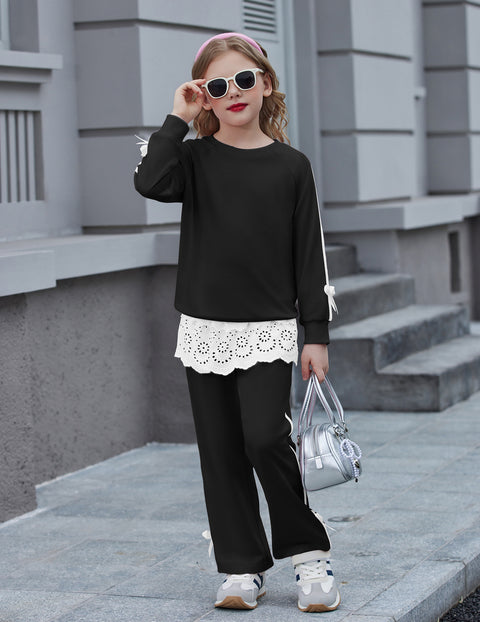 Girls 2 Piece Outfit Crewneck Long Sleeve Top and Wide Leg Pants Set - Black