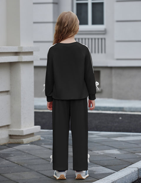 Girls 2 Piece Outfit Crewneck Long Sleeve Top and Wide Leg Pants Set - Black
