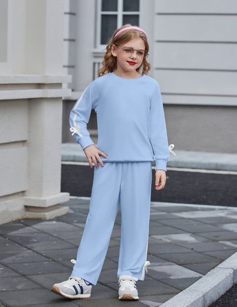 Girls 2 Piece Outfit Crewneck Long Sleeve Top and Wide Leg Pants Set - Light Blue