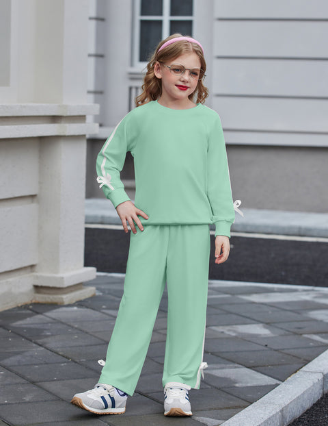 Girls 2 Piece Outfit Crewneck Long Sleeve Top and Wide Leg Pants Set - Light Green