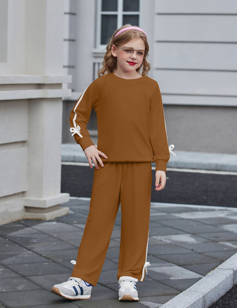 Girls 2 Piece Outfit Crewneck Long Sleeve Top and Wide Leg Pants Set - Brown