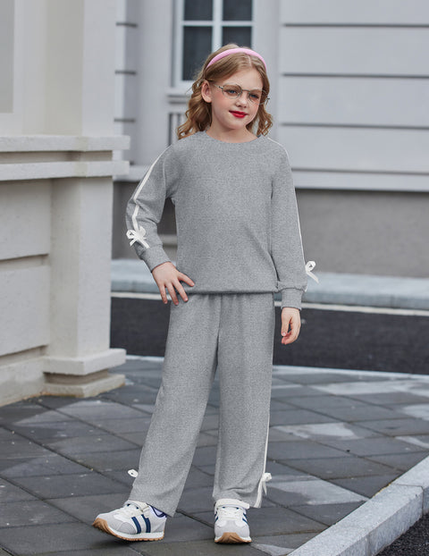 Girls 2 Piece Outfit Crewneck Long Sleeve Top and Wide Leg Pants Set - Light Grey