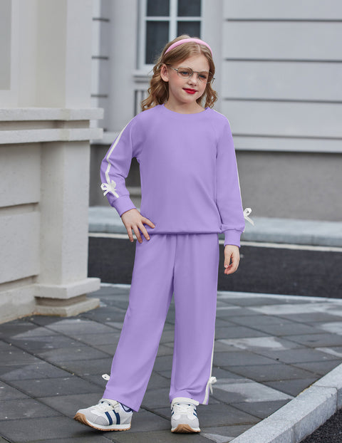 Girls 2 Piece Outfit Crewneck Long Sleeve Top and Wide Leg Pants Set - Light Purple