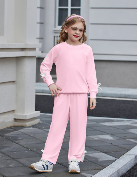Girls 2 Piece Outfit Crewneck Long Sleeve Top and Wide Leg Pants Set - Pink
