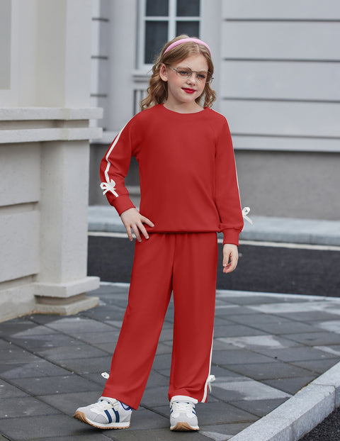 Girls 2 Piece Outfit Crewneck Long Sleeve Top and Wide Leg Pants Set - Red