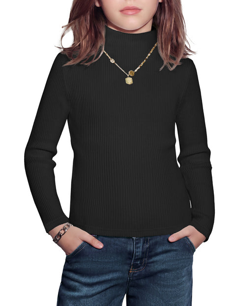 Girls Long Sleeve Mock Turtleneck Ribbed Knit Base Layer Top - Black