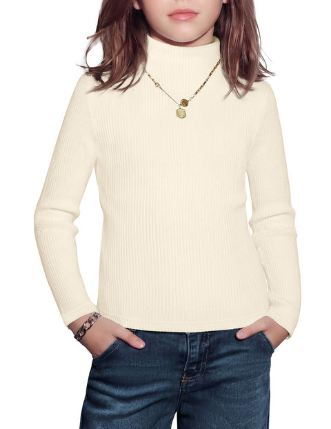 Girls Long Sleeve Mock Turtleneck Ribbed Knit Base Layer Top - Beige
