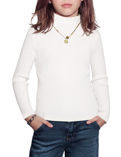 Girls Long Sleeve Mock Turtleneck Ribbed Knit Base Layer Top - White