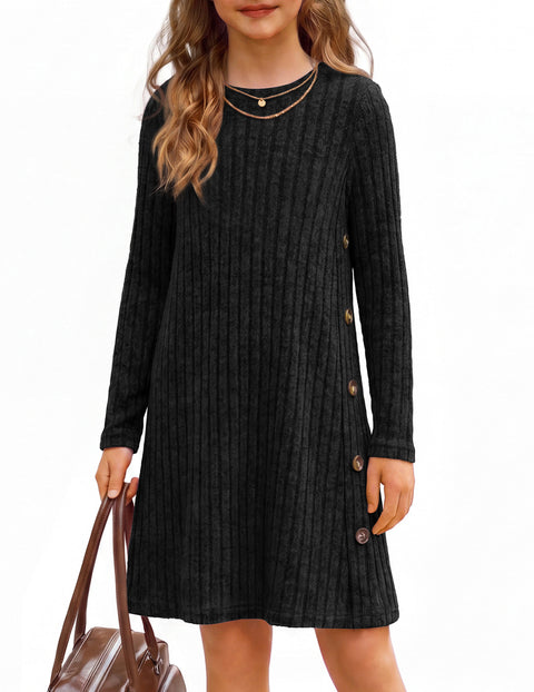 Girls Long Sleeve A-Line Dress Crew Neck Button Detail Pullover Casual Dress - Black
