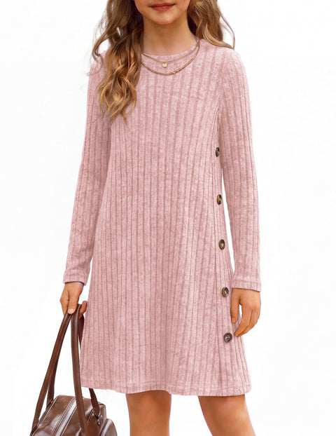 Girls Long Sleeve A-Line Dress Crew Neck Button Detail Pullover Casual Dress - Pink